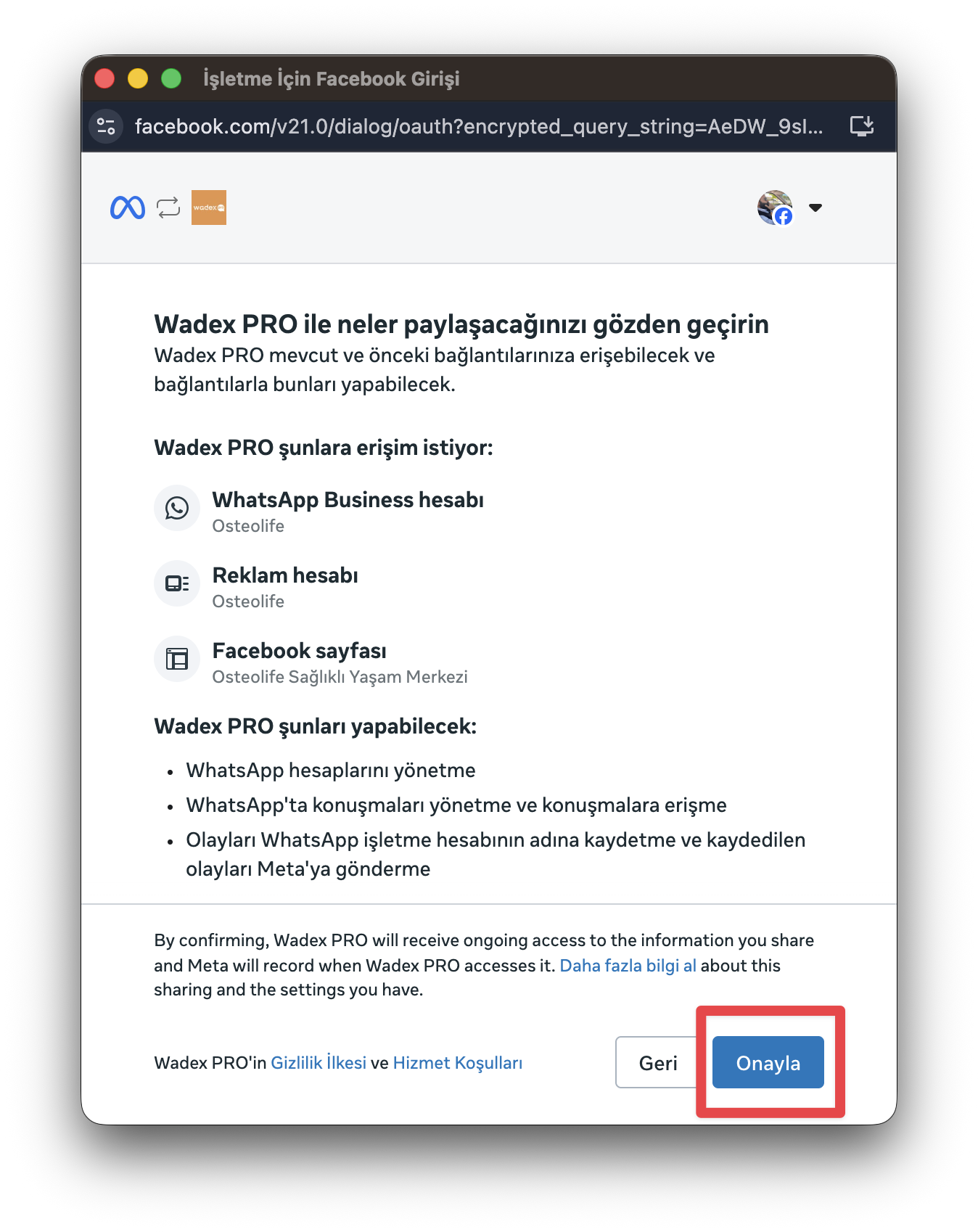 Wadex PRO'nun neleri görebileceğini onayla