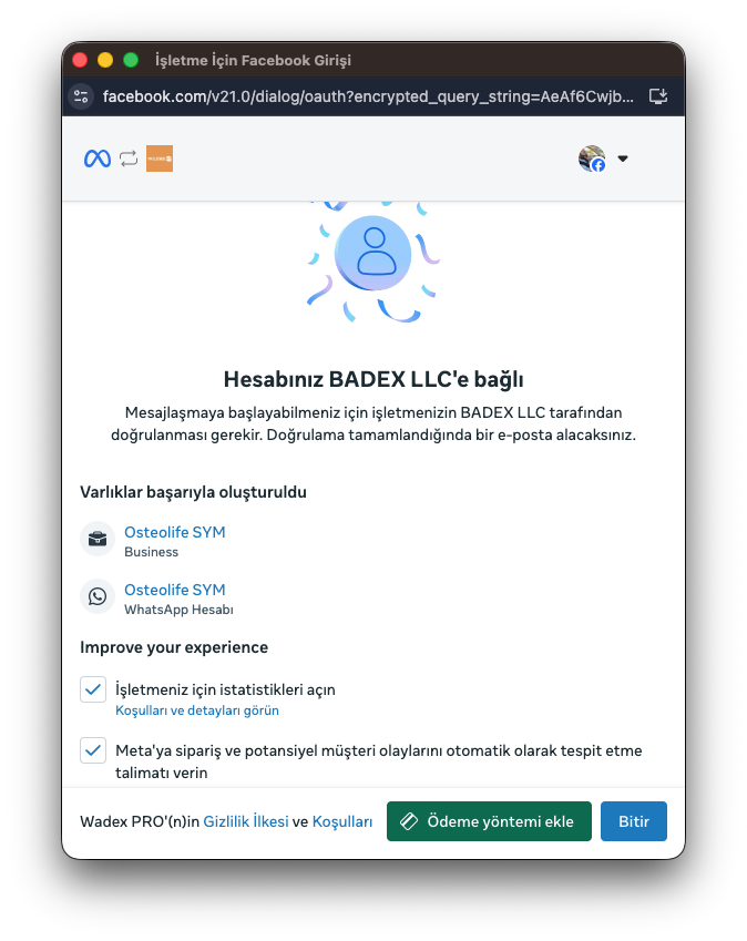 Başarılı bağlantı mesajı