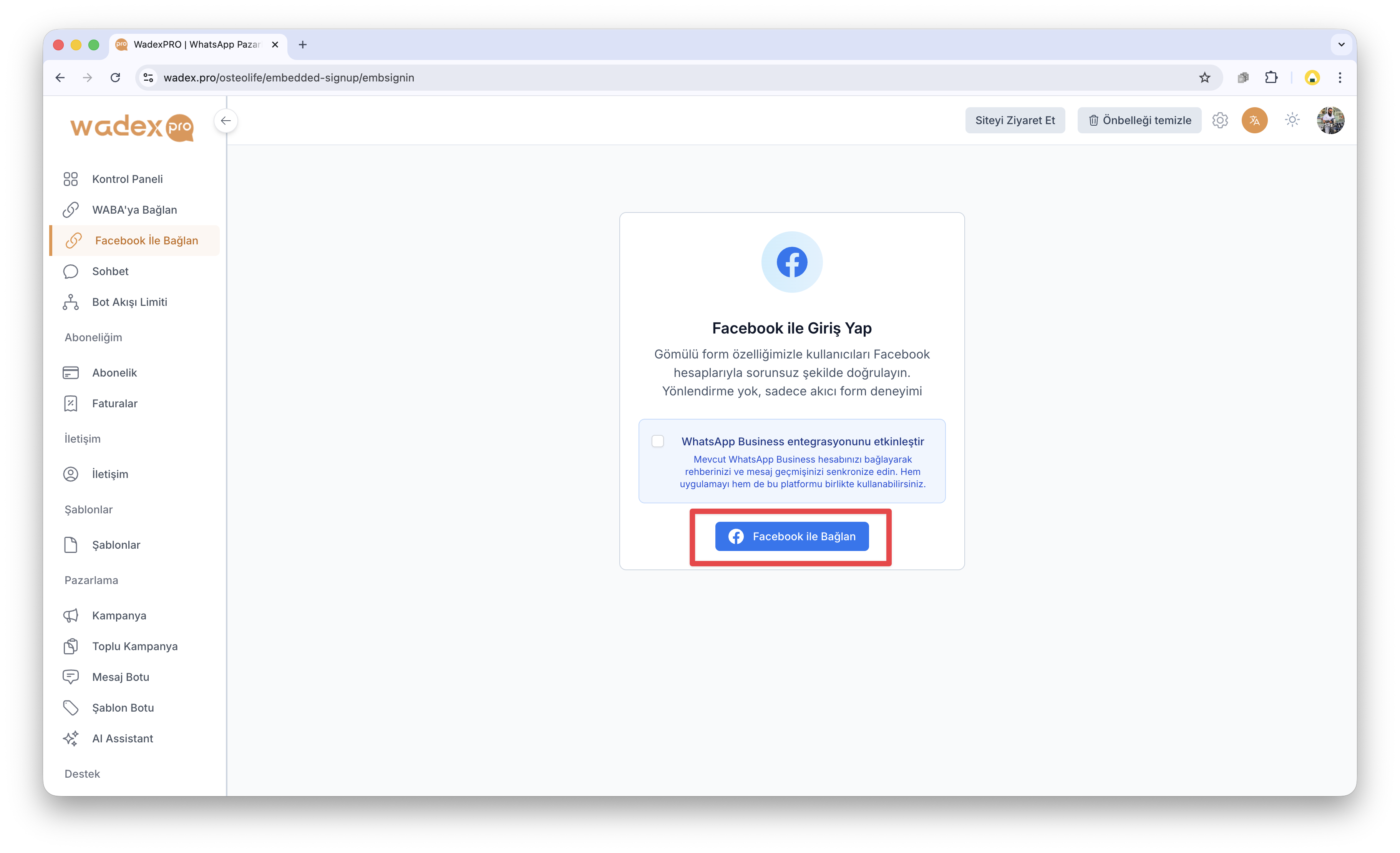 Facebook ile Bağlan butonu