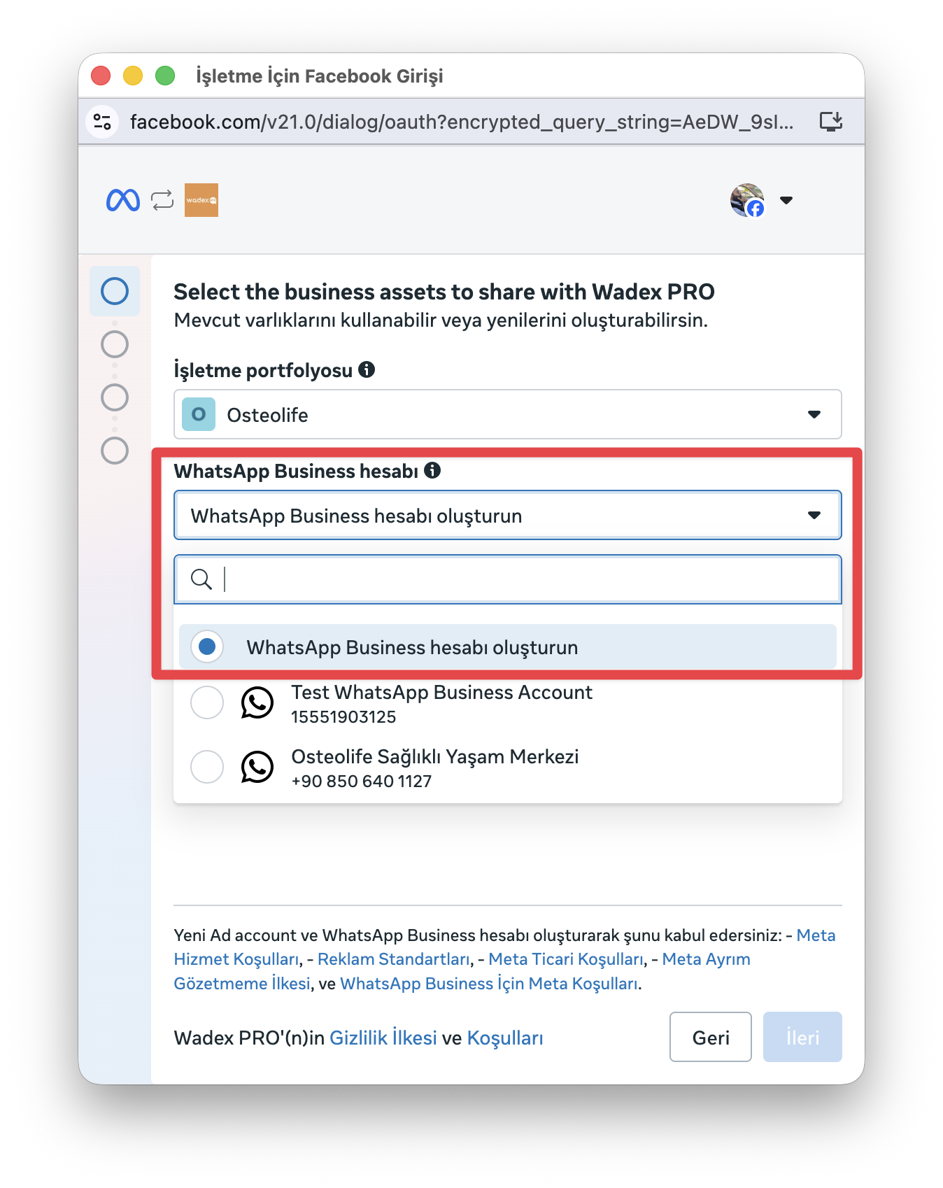 WABA hesabı seçimi
