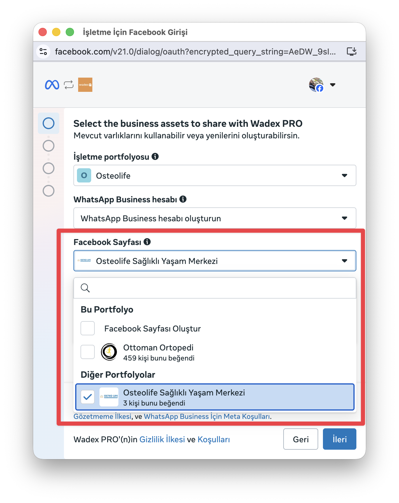 Facebook sayfası seçimi