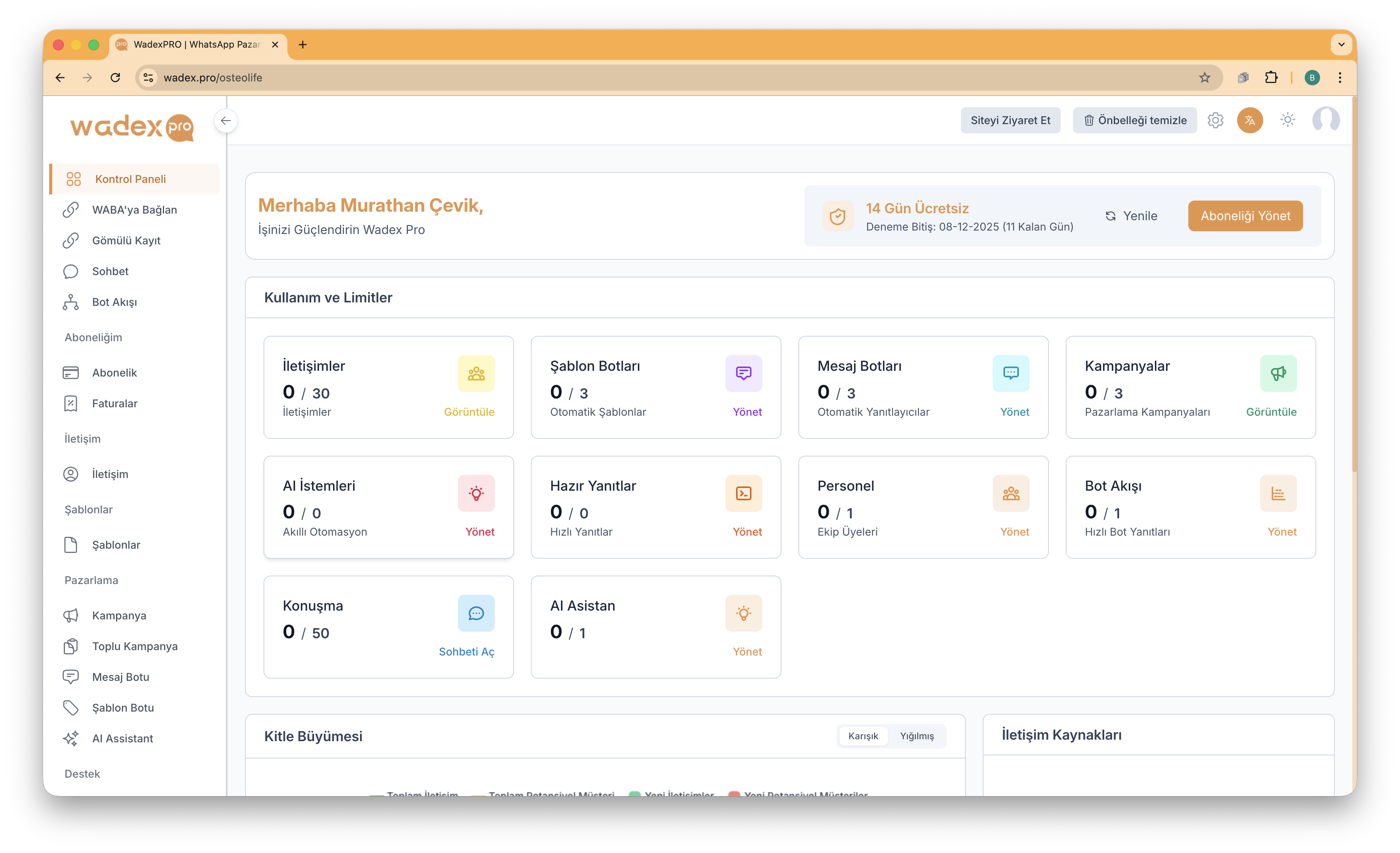 Wadex Pro dashboard genel görünüm